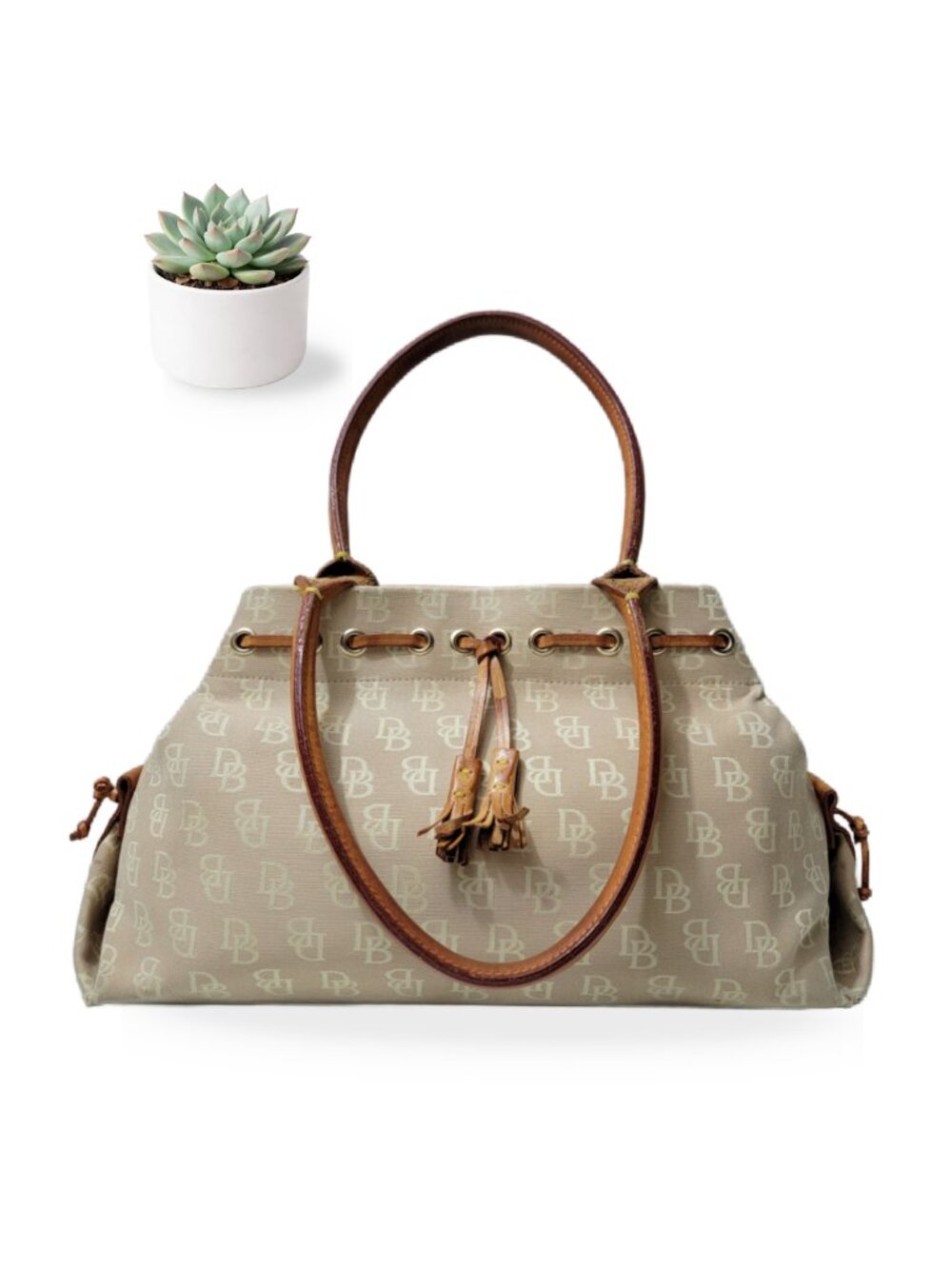 Dooney & Bourke DB Signature Jacquard Tote Tan Cream Leather Y2K Made in USA bag